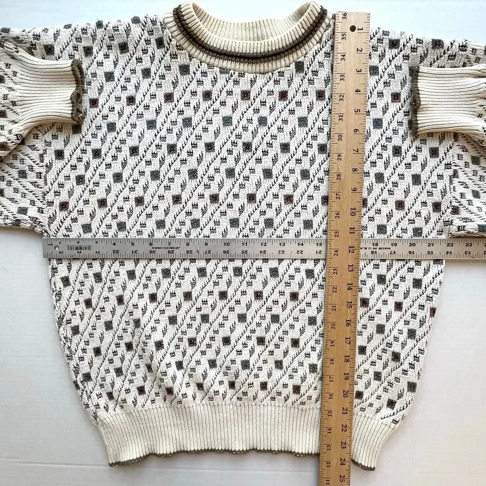 Vintage John Weitz Preppy Geometric Square Abstract Pattern Knit Sweater USA L
